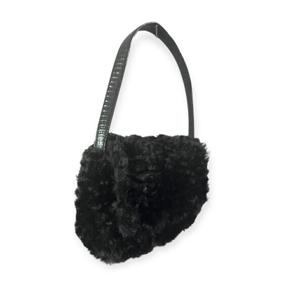 Black Curly Lamb Fur Handbag, Flap,‎ Lizard Print Leather handle. - Picture 3 of 9
